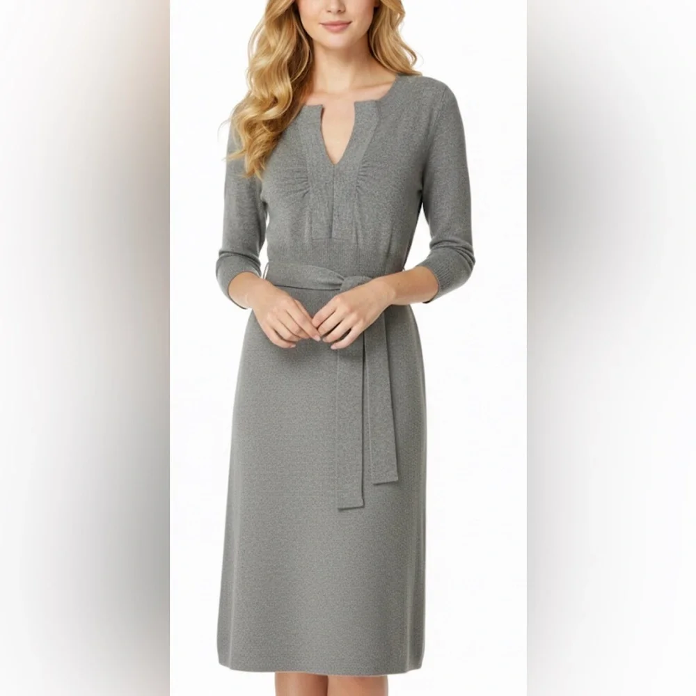 Banana Republic 100% Wool Belted Career Midi Sweater Dress‎ Gray Small